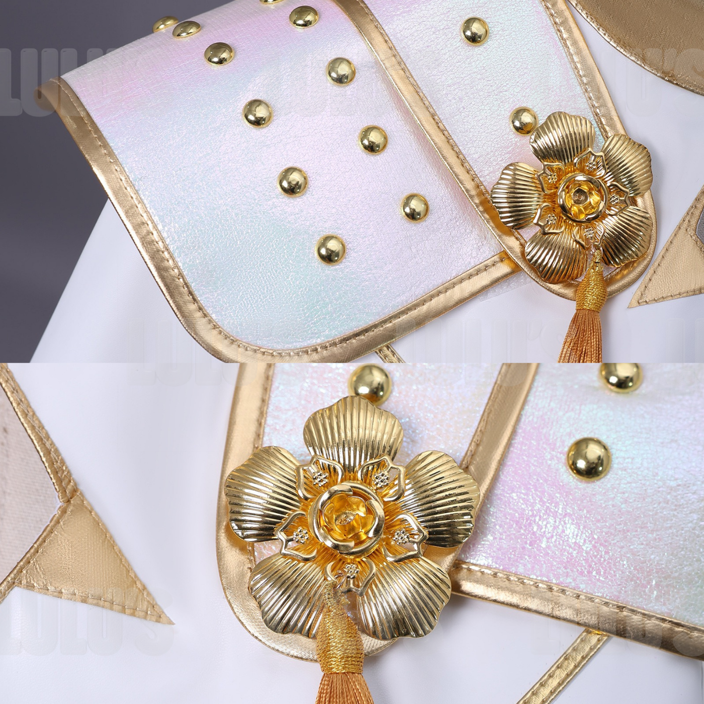 Closeup of Zoey White Cosplay Costume cropped jacket with structured shoulders, gold embroidery, and precision tailoring for authentic stage detail.