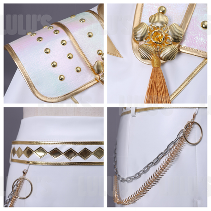 Macro detail of Zoey White Cosplay Costume fabric quality showing smooth white material with reflective gold trim and chain embellishments.