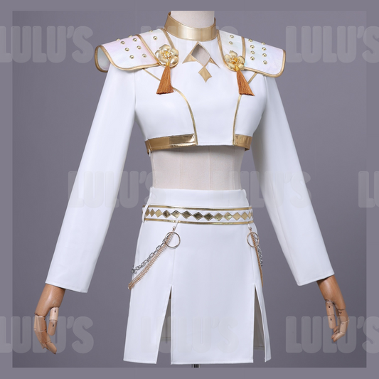 Zoey White Cosplay Costume Set front view featuring white cropped jacket with gold trim, matching skirt with gold chains, and screen-accurate K-Pop inspired stage outfit displayed on mannequin.