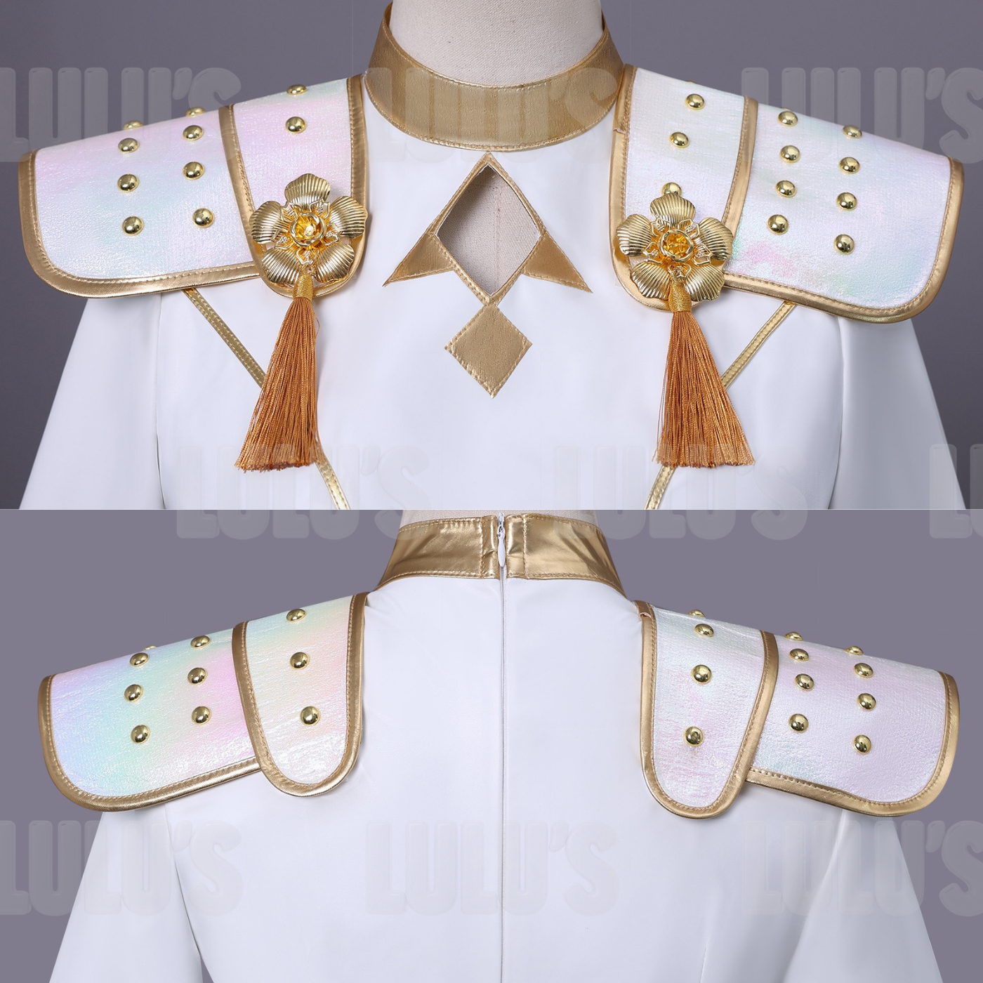 Detailed view of Zoey White Cosplay Costume shoulder epaulets featuring shimmering iridescent panels, gold studs, and decorative tassels for performance accuracy.
